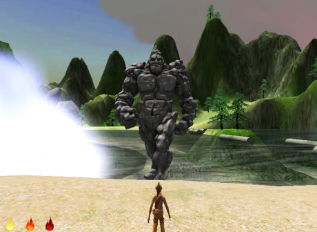 6. Skins 2.0 Skahionati approaches the Stone Giant from the The Adventure of Skahion ati Legend of the Stone Giant game prototype 2012 AbTeC